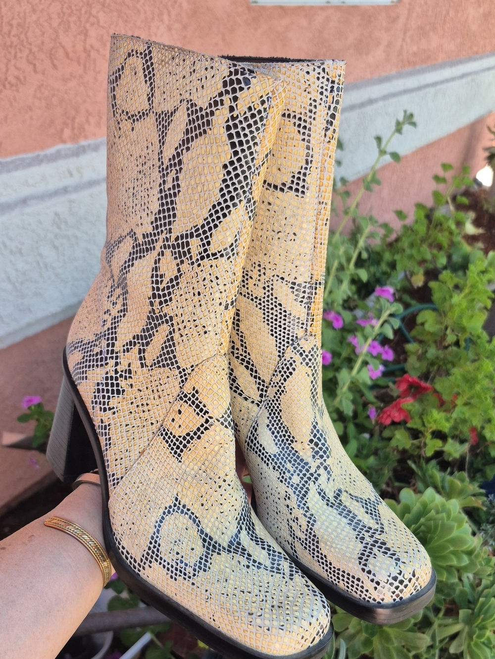Mainframe Cream & Black Snakeskin Block Heel Boots